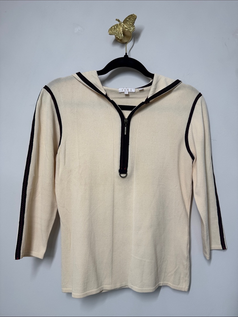 YUKA Cream Fine Gauge Knit Half Zip Hoodie Top with Sporty Red & Black Trim